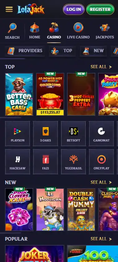 Lola Jack Casino mobile slots interface screenshot showing slot game selection with popular titles and filtering options - Tested Lola Jack Casino mobile slots interface screenshot showing slot game selection with popular titles and filtering options - Tested
