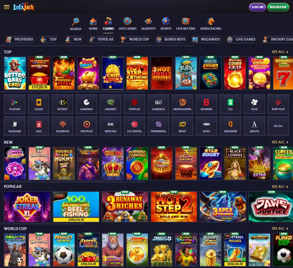 Lola Jack Casino desktop slots lobby screenshot presenting variety of slot games with categories and providers - Tested Lola Jack Casino desktop slots lobby screenshot presenting variety of slot games with categories and providers - Tested