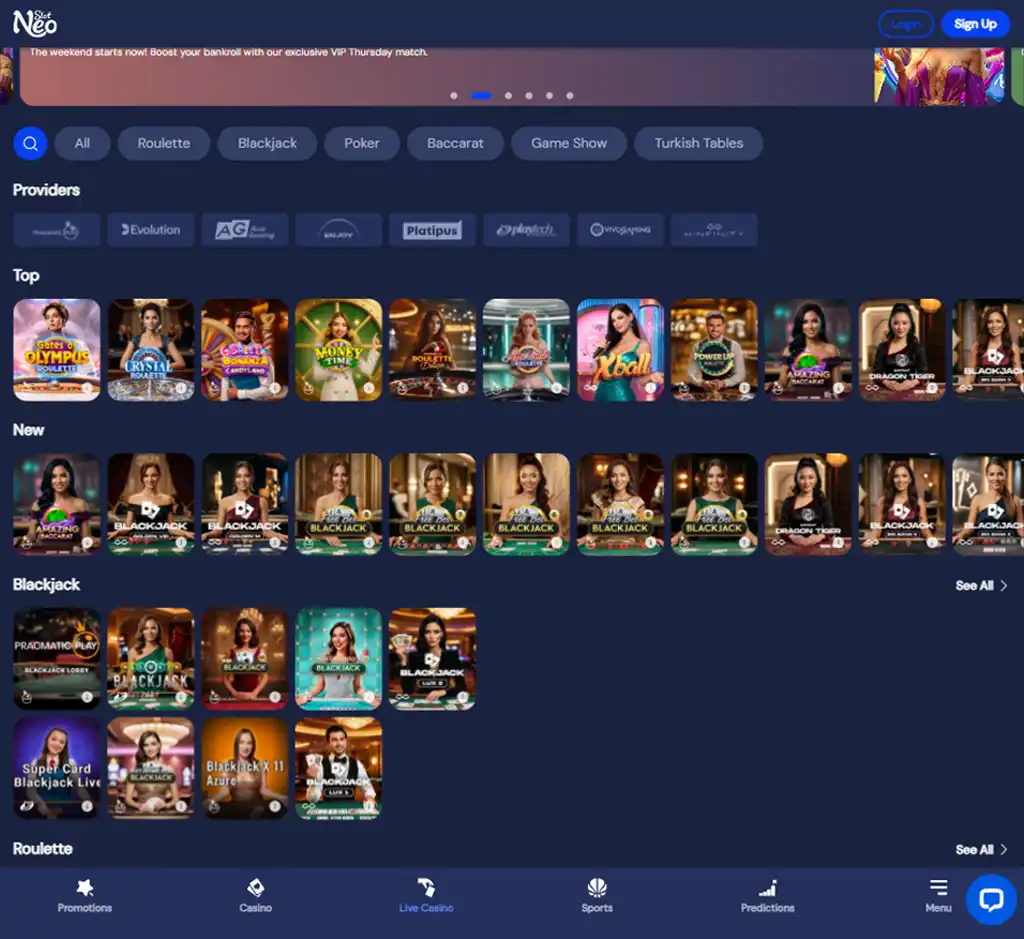 Slotneo Casino desktop live casino lobby screenshot featuring live dealer games and real-time streaming interface - review testing