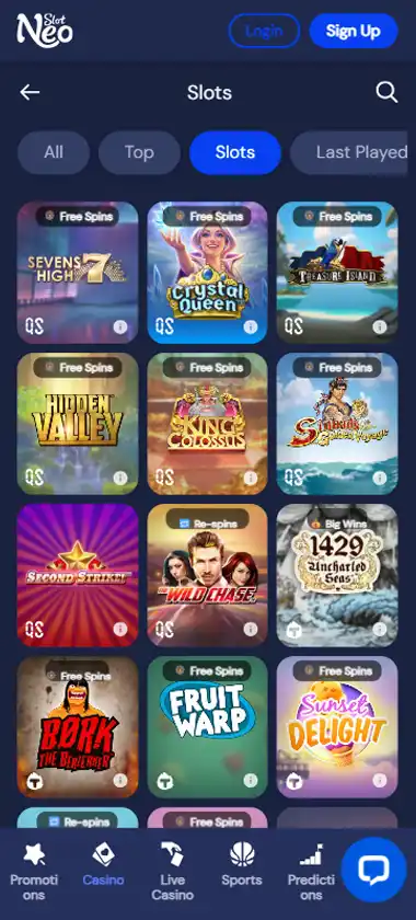 Slotneo Casino desktop slots lobby - tested game categories and providers
