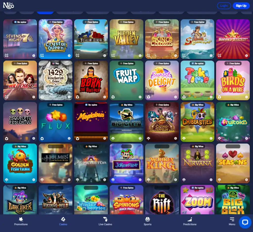 Slotneo Casino desktop slots lobby screenshot presenting variety of slot games with categories and providers - verified