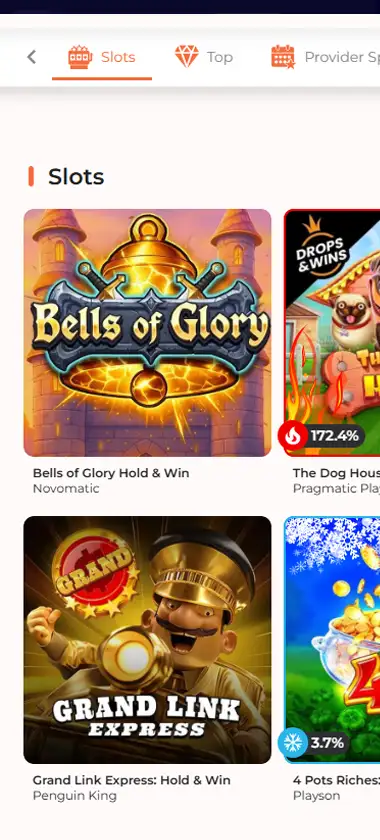 Spininio Casino mobile slots interface screenshot showing slot game selection with popular titles and filtering options - captured during platform testing