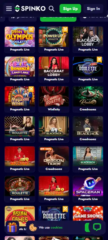 Spinko Casino mobile live casino interface screenshot showing live dealer tables including blackjack and roulette - tested