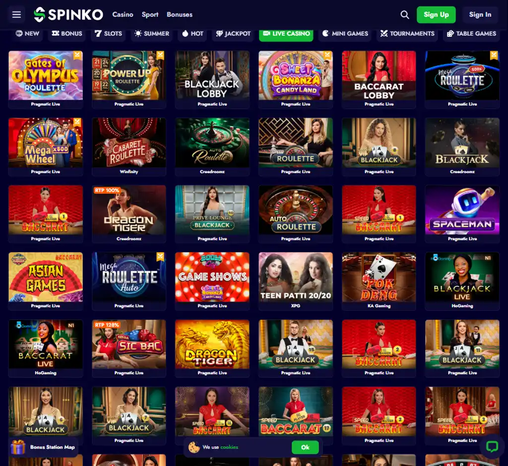 Spinko Casino desktop live casino lobby screenshot featuring live dealer games and real-time streaming interface - review testing