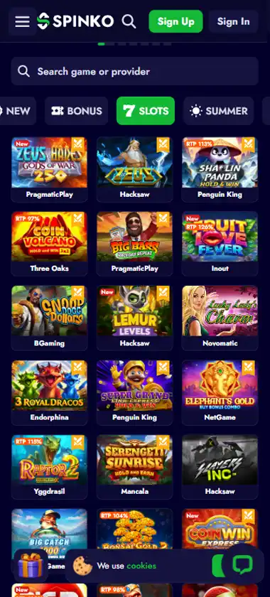 Spinko Casino mobile slots interface screenshot showing slot game selection with popular titles and filtering options - captured during platform testing