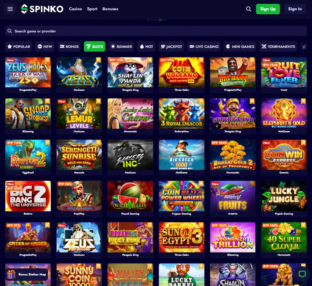 Spinko Casino desktop slots lobby screenshot presenting variety of slot games with categories and providers - verified