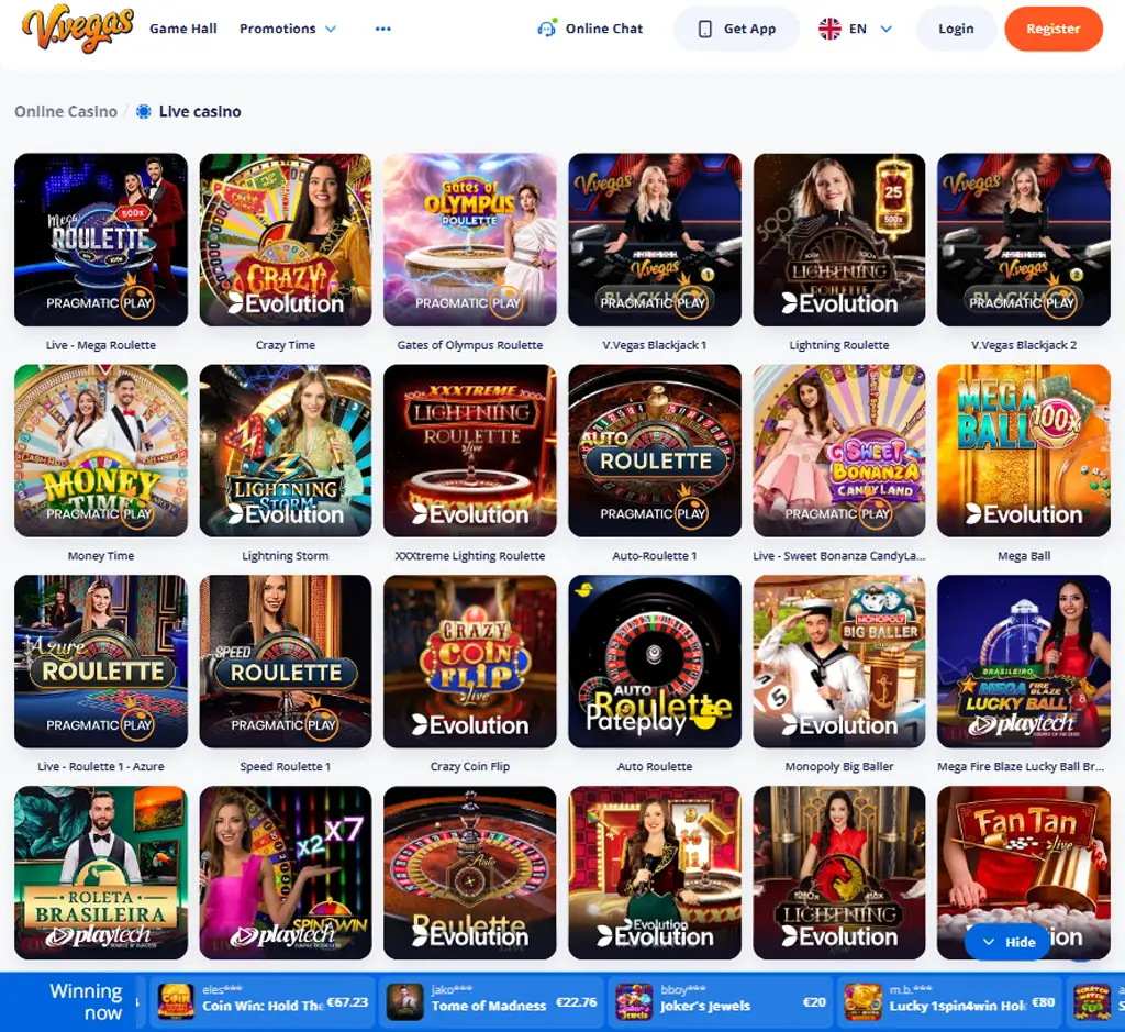 V Vegas Casino desktop live casino lobby screenshot featuring live dealer games and real-time streaming interface - review testing