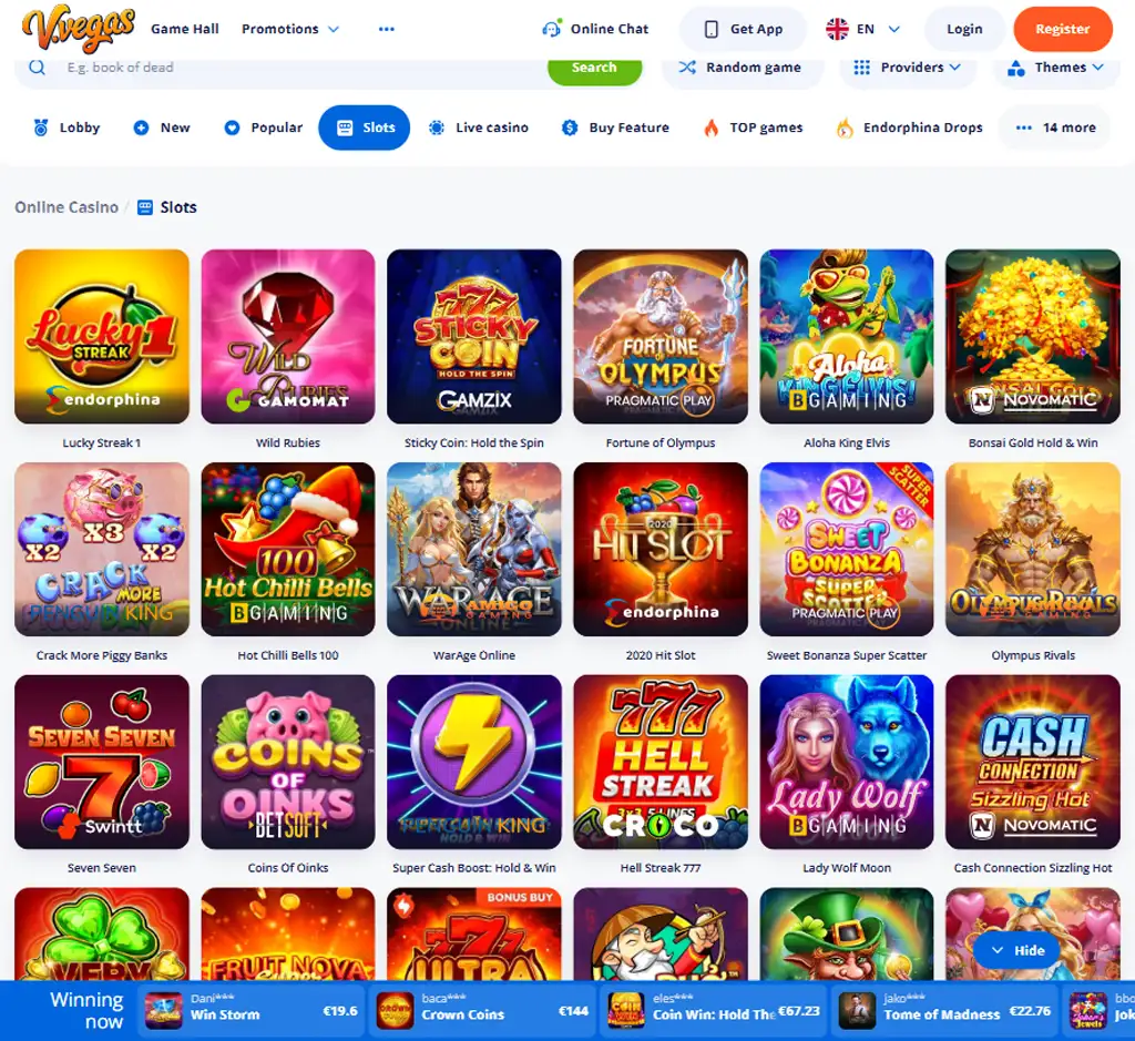 V Vegas Casino desktop slots lobby screenshot presenting variety of slot games with categories and providers - tested
