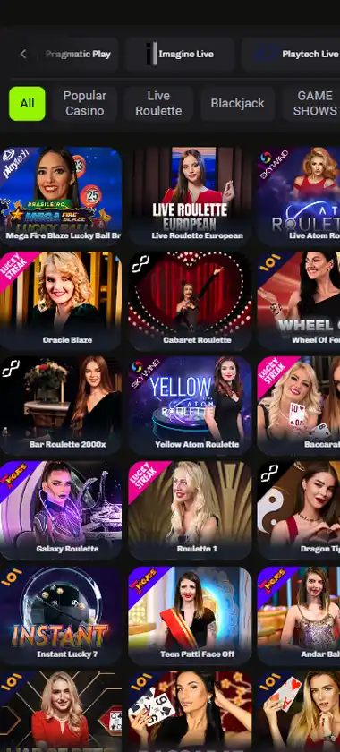 Velobet Casino mobile live casino interface screenshot showing live dealer tables including blackjack and roulette - tested