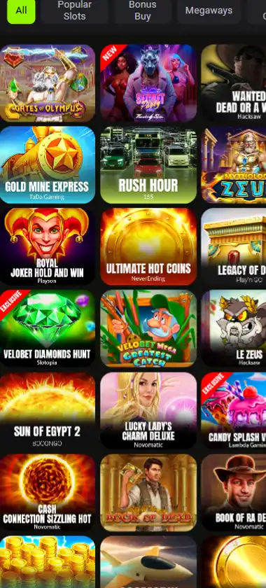 Velobet Casino mobile slots interface screenshot showing slot game selection with popular titles and filtering options - captured during platform testing