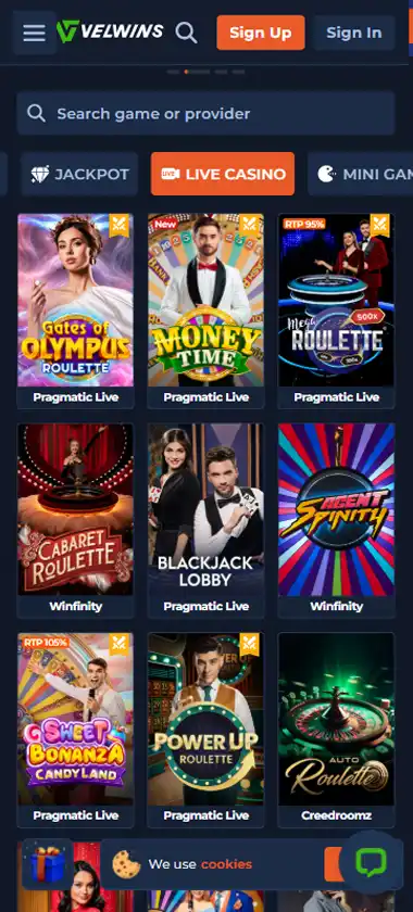 Velwins Casino mobile live casino interface screenshot showing live dealer tables including blackjack and roulette - tested
