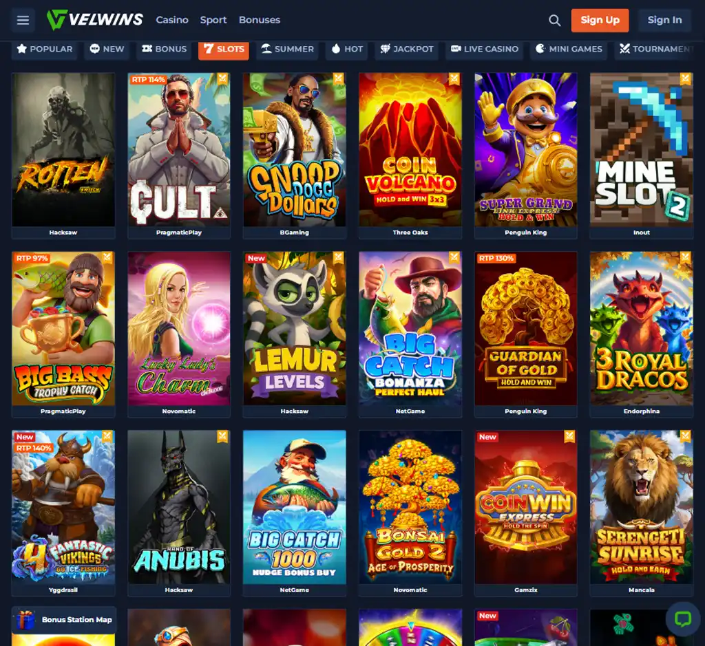 Velwins Casino desktop slots lobby screenshot presenting variety of slot games with categories and providers - tested
