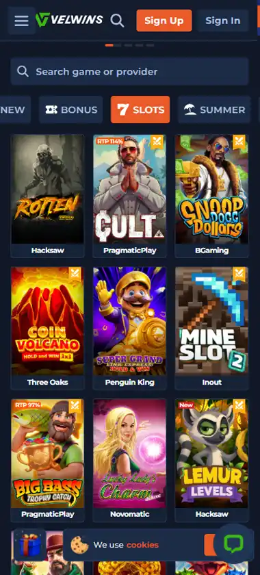 Velwins Casino mobile slots interface screenshot showing slot game selection with popular titles and filtering options - tested