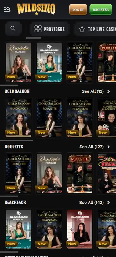 Wildsino Casino mobile live casino interface screenshot showing live dealer tables including blackjack and roulette - Tested Wildsino Casino mobile live casino interface screenshot showing live dealer tables including blackjack and roulette - Tested