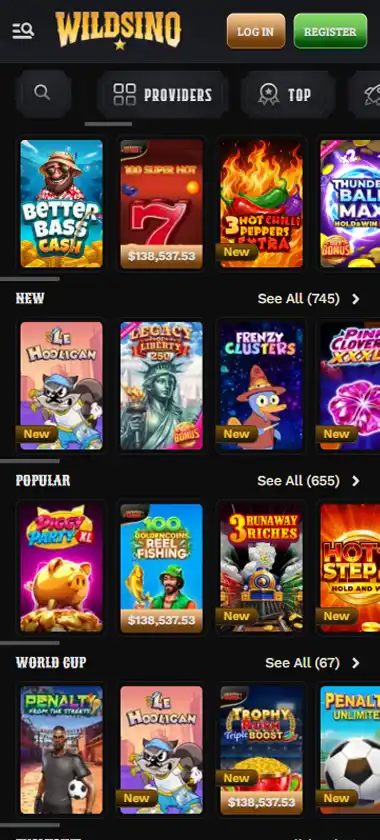 Wildsino Casino mobile slots interface screenshot showing slot game selection with popular titles and filtering options - Tested Wildsino Casino mobile slots interface screenshot showing slot game selection with popular titles and filtering options - Tested
