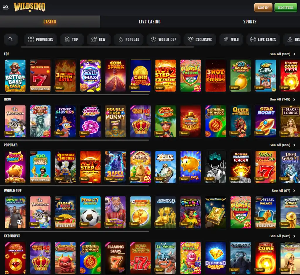 Wildsino Casino desktop slots lobby screenshot presenting variety of slot games with categories and providers - Tested Wildsino Casino desktop slots lobby screenshot presenting variety of slot games with categories and providers - Tested