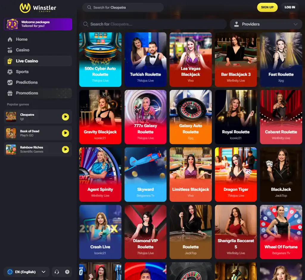 Winstler Casino desktop live casino lobby screenshot featuring live dealer games and real-time streaming interface - review testing