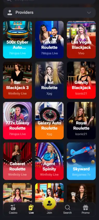 Winstler Casino mobile live casino interface screenshot showing live dealer tables including blackjack and roulette - tested
