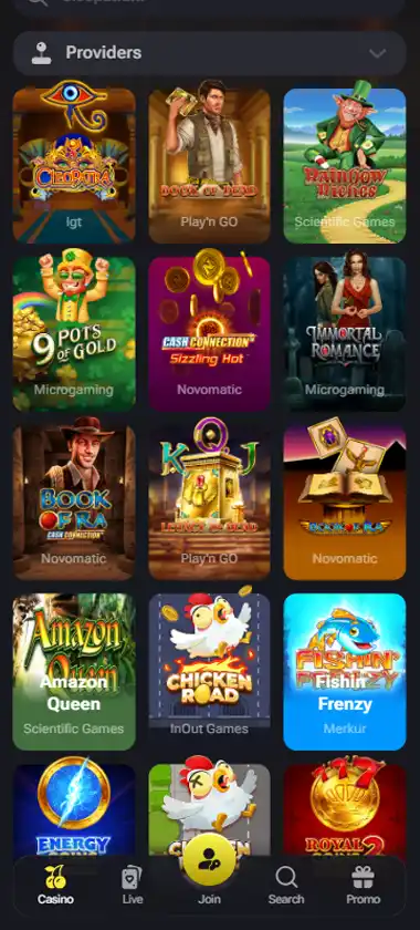 Winstler Casino mobile slots interface screenshot showing slot game selection with popular titles and filtering options - captured during platform testing