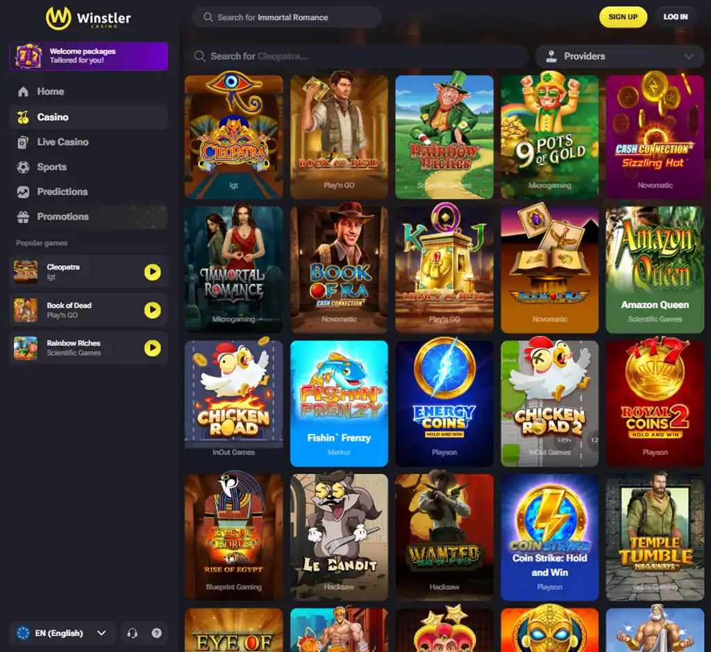 ALT: Winstler Casino desktop slots lobby screenshot presenting variety of slot games with categories and providers - verified