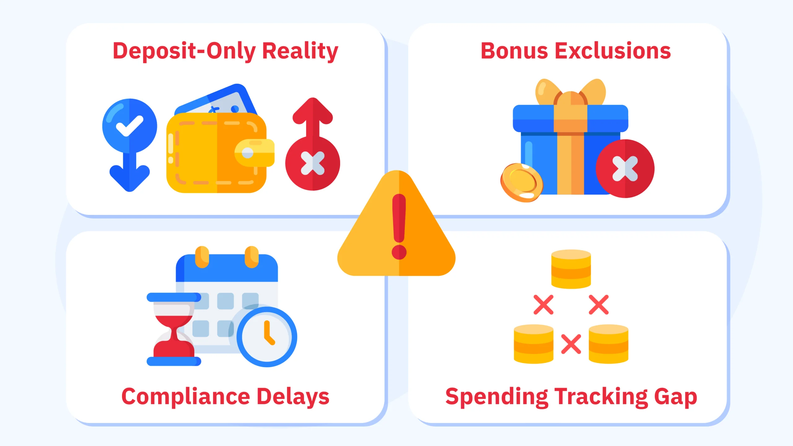 Warning infographic revealing 4 critical Flexepin casino limitations including deposit-only functionality requiring bank details for withdrawals, welcome bonus exclusions at majority of accepting casinos, increased manual review and compliance delays due to anonymity flags, and lack of cross-casino spending tracking making budget management difficult