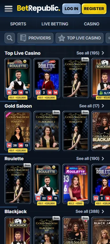 BetRepublic Casino mobile live casino interface screenshot showing live dealer tables including blackjack and roulette - Tested