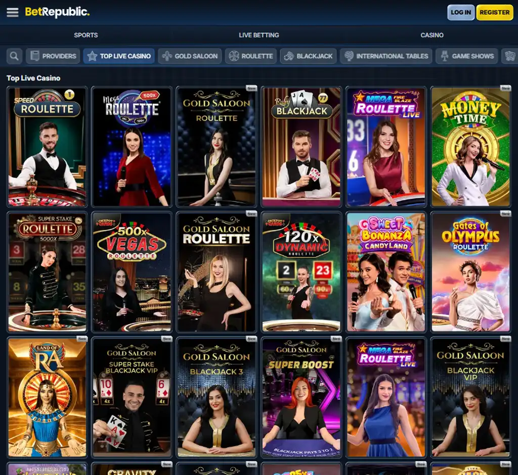 BetRepublic Casino desktop live casino lobby screenshot featuring live dealer games and real-time streaming interface - Tested