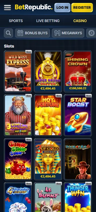 BetRepublic Casino mobile slots interface screenshot showing slot game selection with popular titles and filtering options - Tested