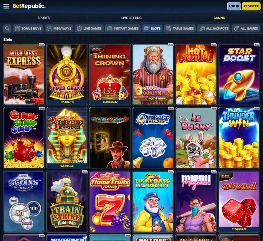 BetRepublic Casino desktop slots lobby screenshot presenting variety of slot games with categories and providers - Tested