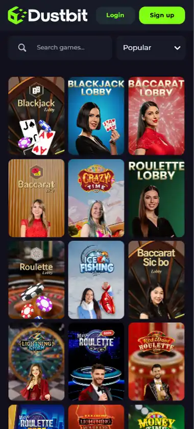 Dustbit Casino mobile live casino interface screenshot showing live dealer tables including blackjack and roulette - tested