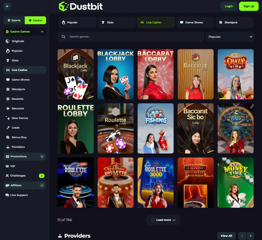 Dustbit Casino desktop live casino lobby screenshot featuring live dealer games and real-time streaming interface - review testing
