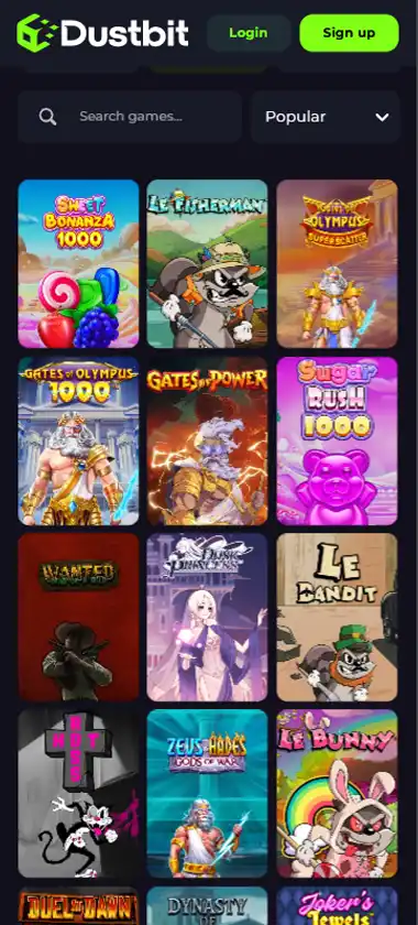 Dustbit Casino mobile slots interface screenshot showing slot game selection with popular titles and filtering options - Tested