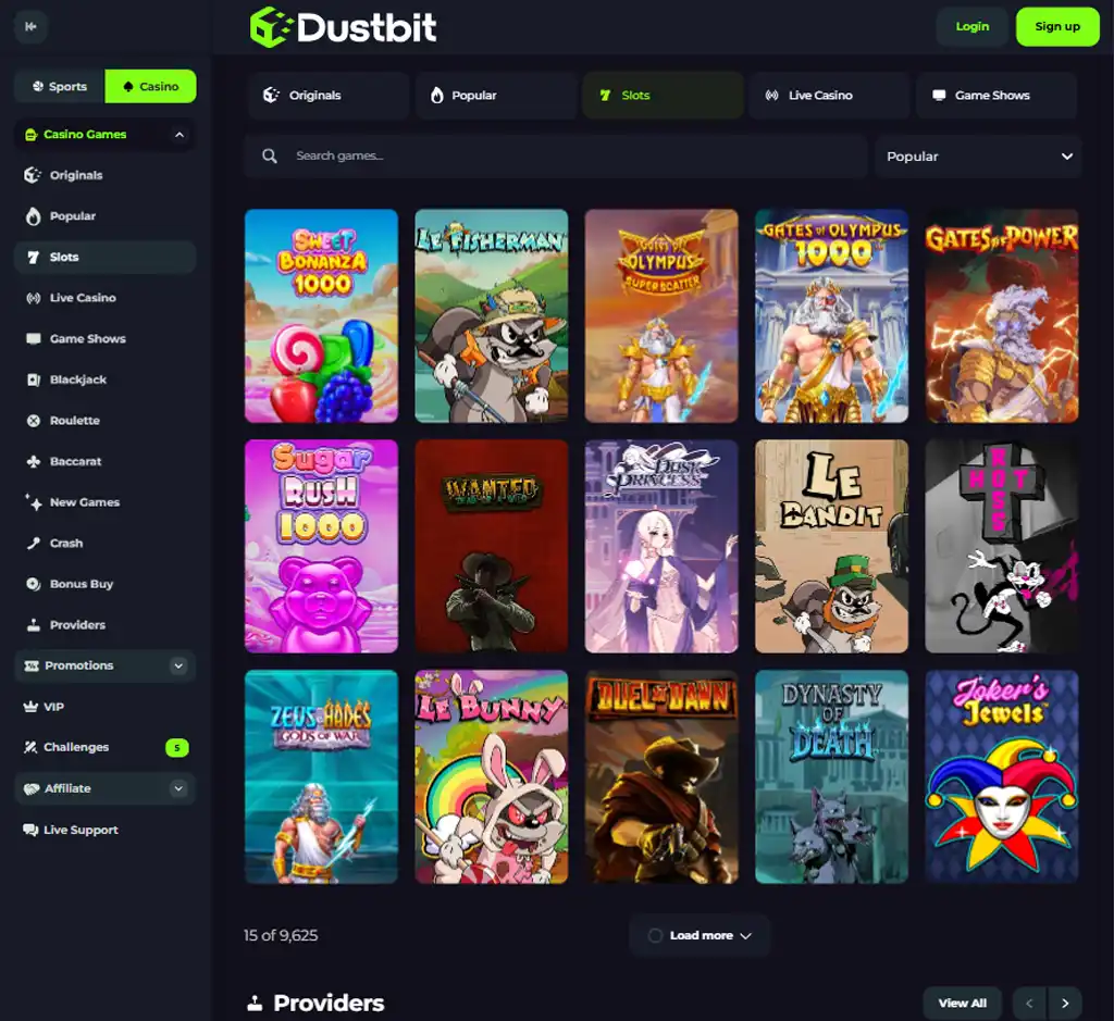 Dustbit Casino desktop slots lobby screenshot presenting variety of slot games with categories and providers - Tested