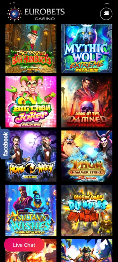 EuroBets Casino mobile slots interface screenshot showing slot game selection with popular titles and filtering options - Tested