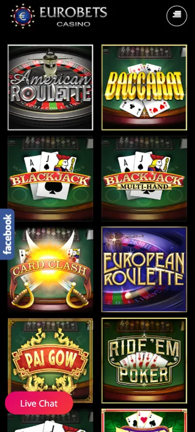 EuroBets Casino mobile table games interface screenshot showing selection of blackjack, roulette and baccarat games - Tested
