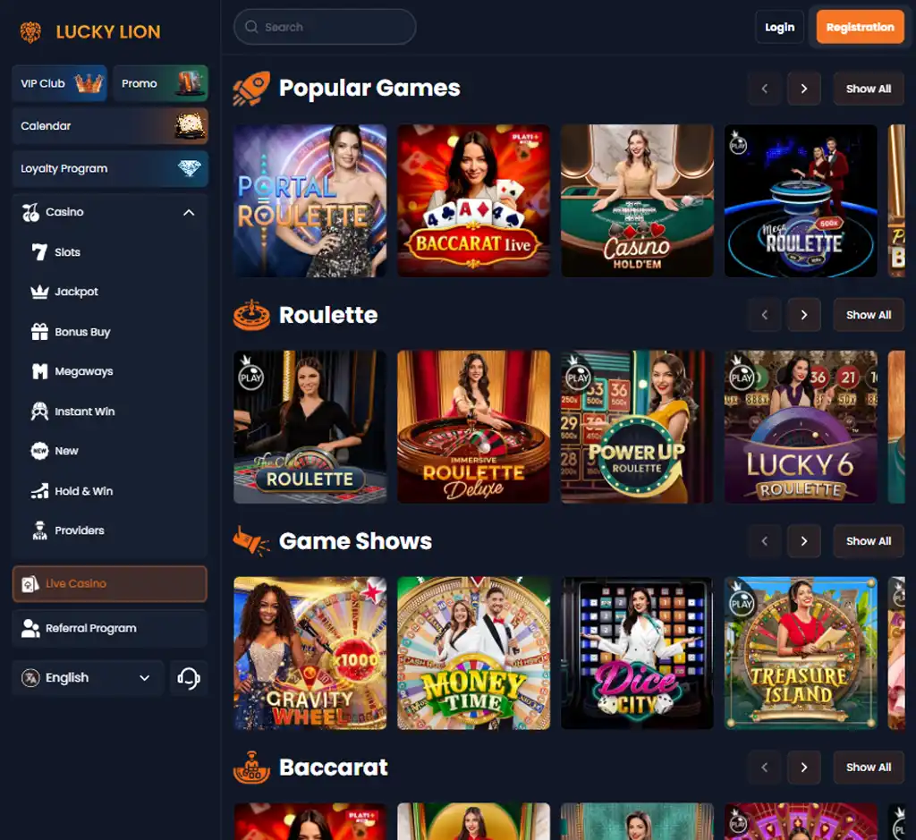 Lucky Lion Casino desktop live casino lobby screenshot featuring live dealer games and real-time streaming interface - review testing