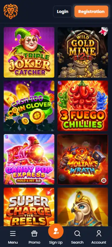 Lucky Lion Casino mobile slots interface screenshot showing slot game selection with popular titles and filtering options - captured during platform testing