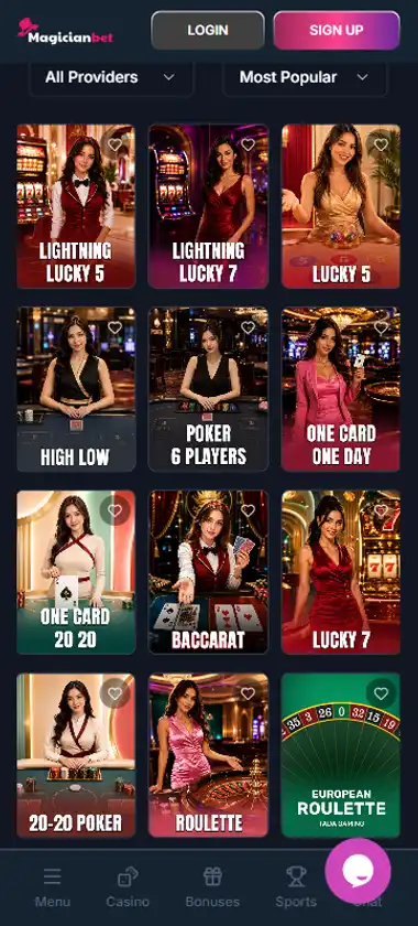 Magician Bet Casino mobile live casino interface screenshot showing live dealer tables including blackjack and roulette - Tested