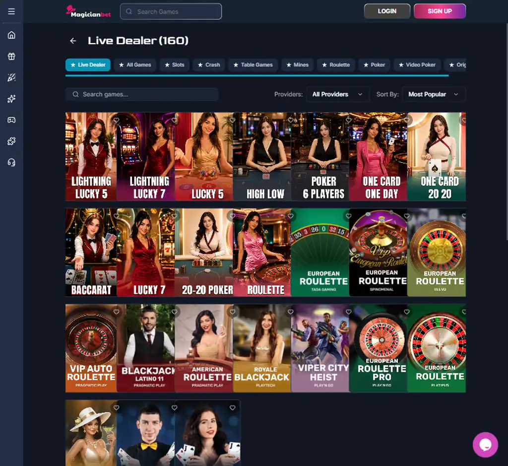 Magician Bet Casino desktop live casino lobby screenshot featuring live dealer games and real-time streaming interface - Tested