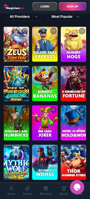 Magician Bet Casino mobile slots interface screenshot showing slot game selection with popular titles and filtering options - captured during platform testing Magician Bet Casino mobile slots interface screenshot showing slot game selection with popular titles and filtering options - captured during platform testing