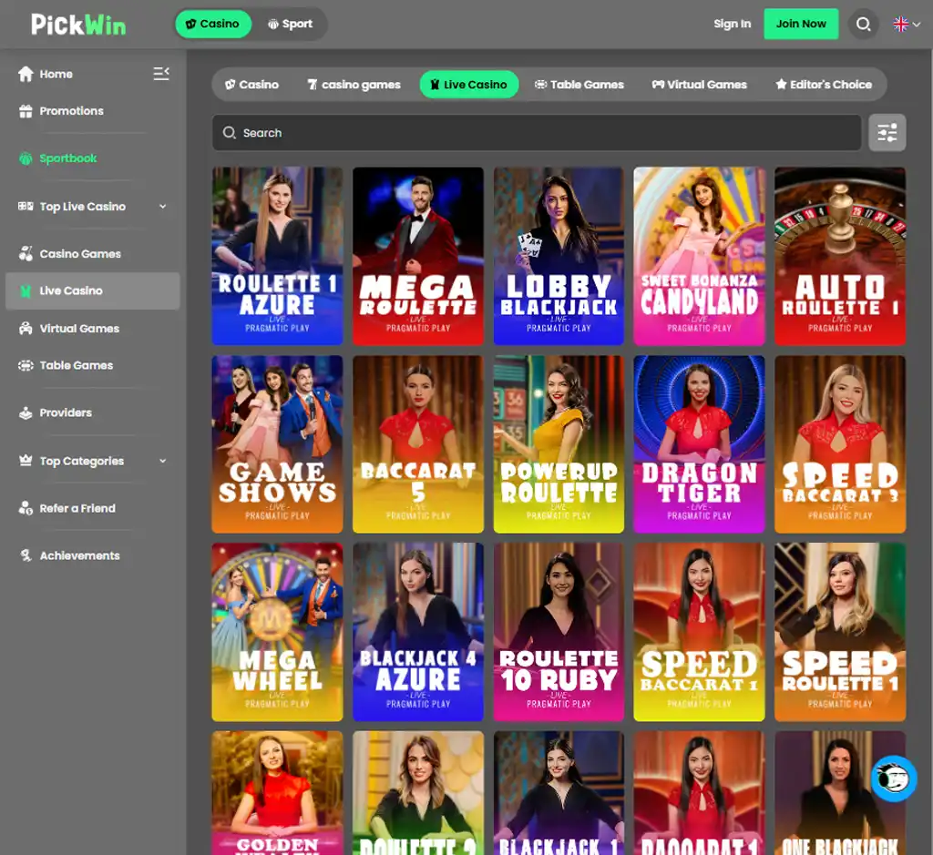 PickWin Casino desktop live casino lobby screenshot featuring live dealer games and real-time streaming interface - Tested