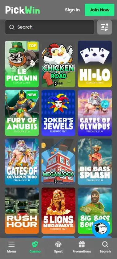 PickWin Casino mobile slots interface screenshot showing slot game selection with popular titles and filtering options - Tested