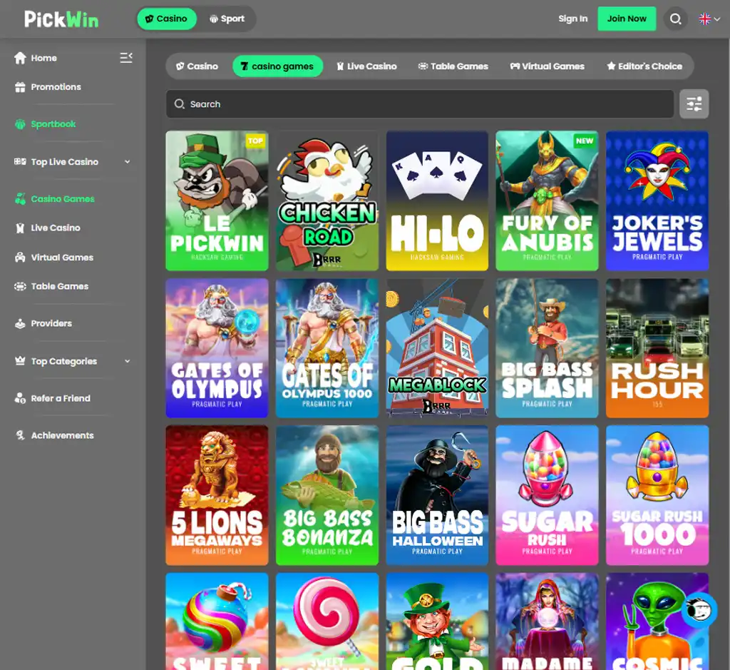 PickWin Casino desktop slots lobby screenshot presenting variety of slot games with categories and providers - Tested