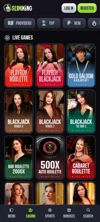 Slim King Casino mobile live casino interface screenshot showing live dealer tables including blackjack and roulette - Tested
