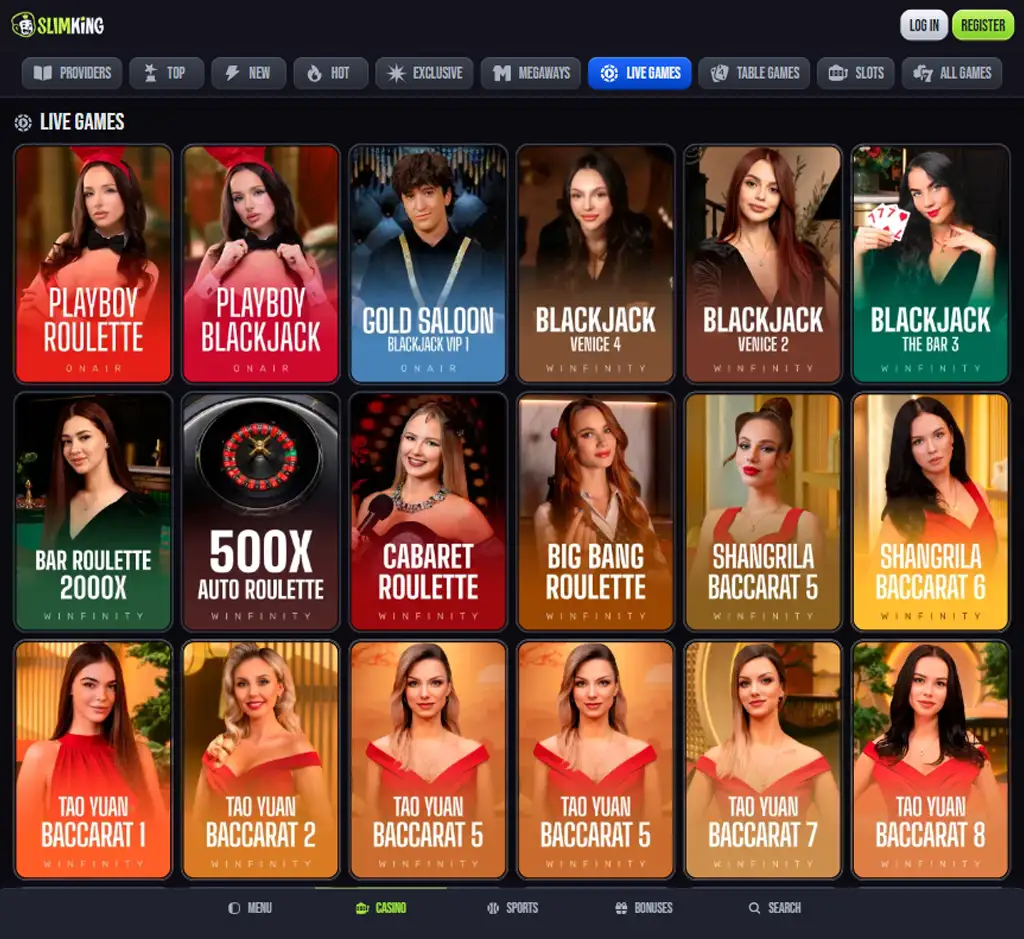 Slim King Casino desktop live casino lobby screenshot featuring live dealer games and real-time streaming interface - Tested