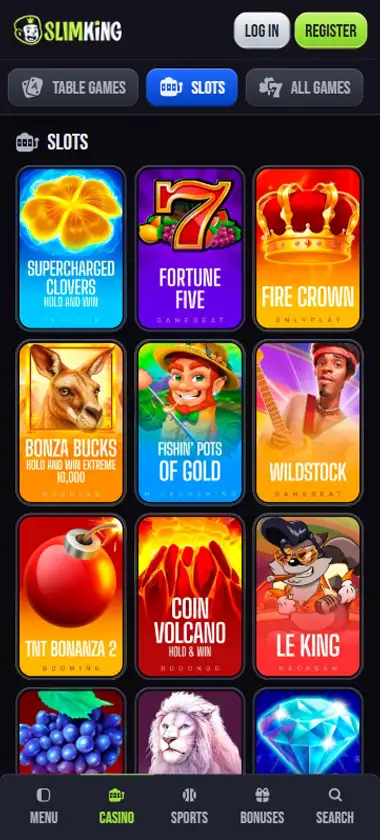 Slim King Casino mobile slots interface screenshot showing slot game selection with popular titles and filtering options - captured during platform testing Slim King Casino mobile slots interface screenshot showing slot game selection with popular titles and filtering options - captured during platform testing