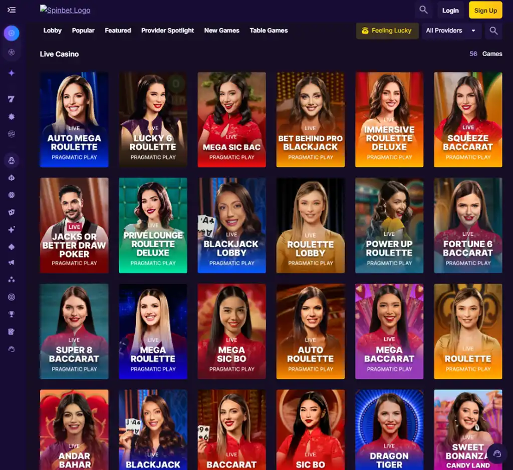 SpinBet Casino desktop live casino lobby screenshot featuring live dealer games and real-time streaming interface - Tested