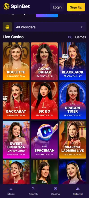 SpinBet Casino mobile live casino interface screenshot showing live dealer tables including blackjack and roulette - Tested