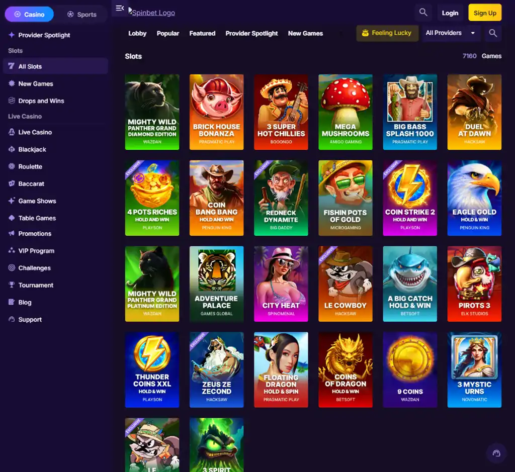 SpinBet Casino desktop slots lobby screenshot presenting variety of slot games with categories and providers - Tested