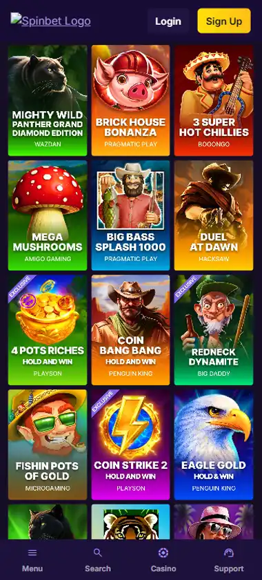 SpinBet Casino mobile slots interface screenshot showing slot game selection with popular titles and filtering options - Tested